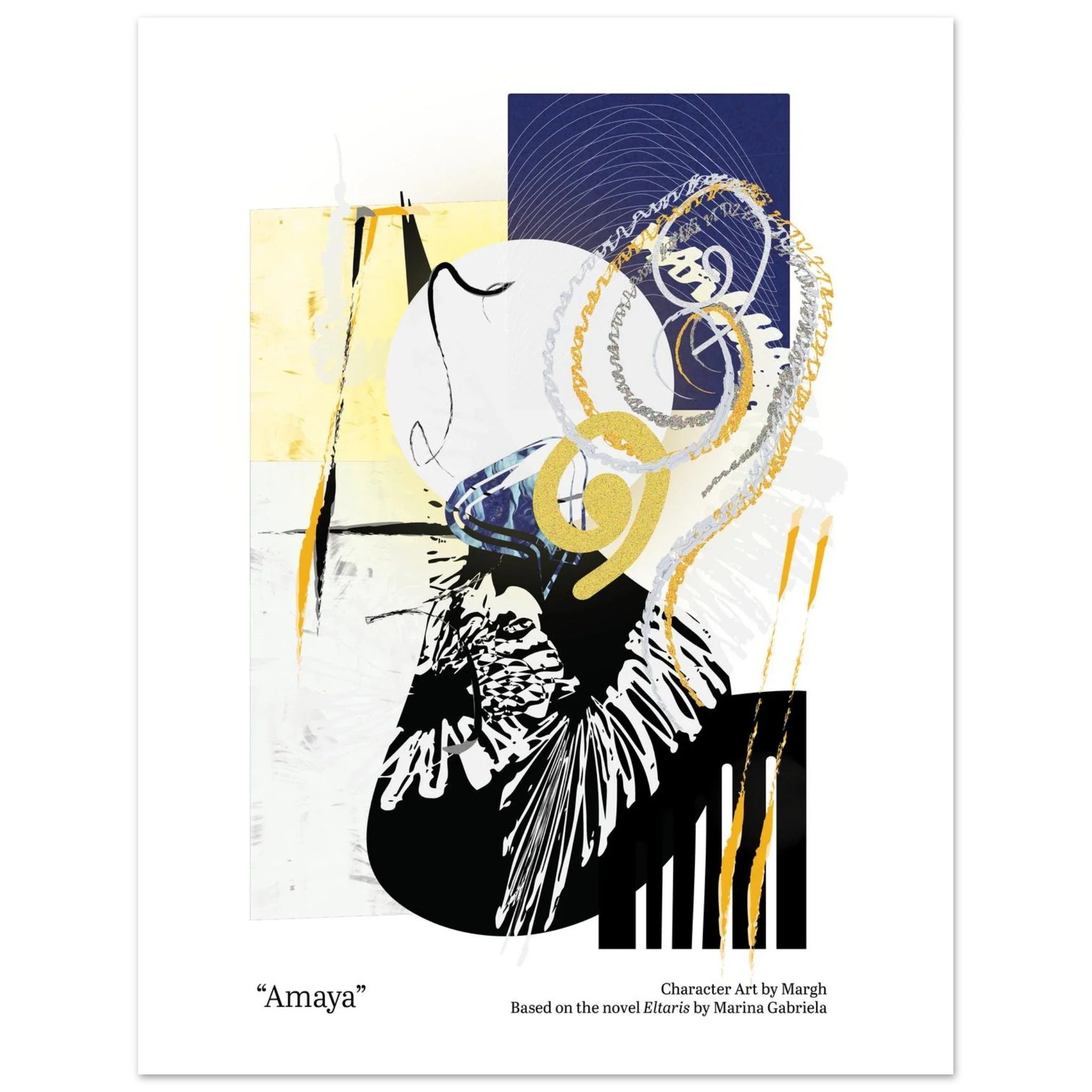 Abstract poster design with golden accents and a swirly atmosphere. Text reads "Amaya, Character art by Margh, Based on the novel Eltaris by Marina Gabriela"