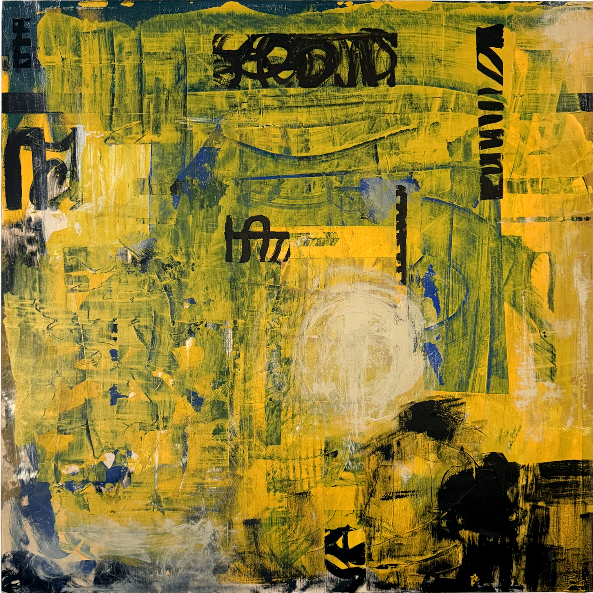 This image features a modern, abstract acrylic painting titled 'TV OFF' - 2025, presented on a 24" x 24" panel. The artwork combines a vivid blend of yellow, blue, and black hues, creating a striking visual impact.